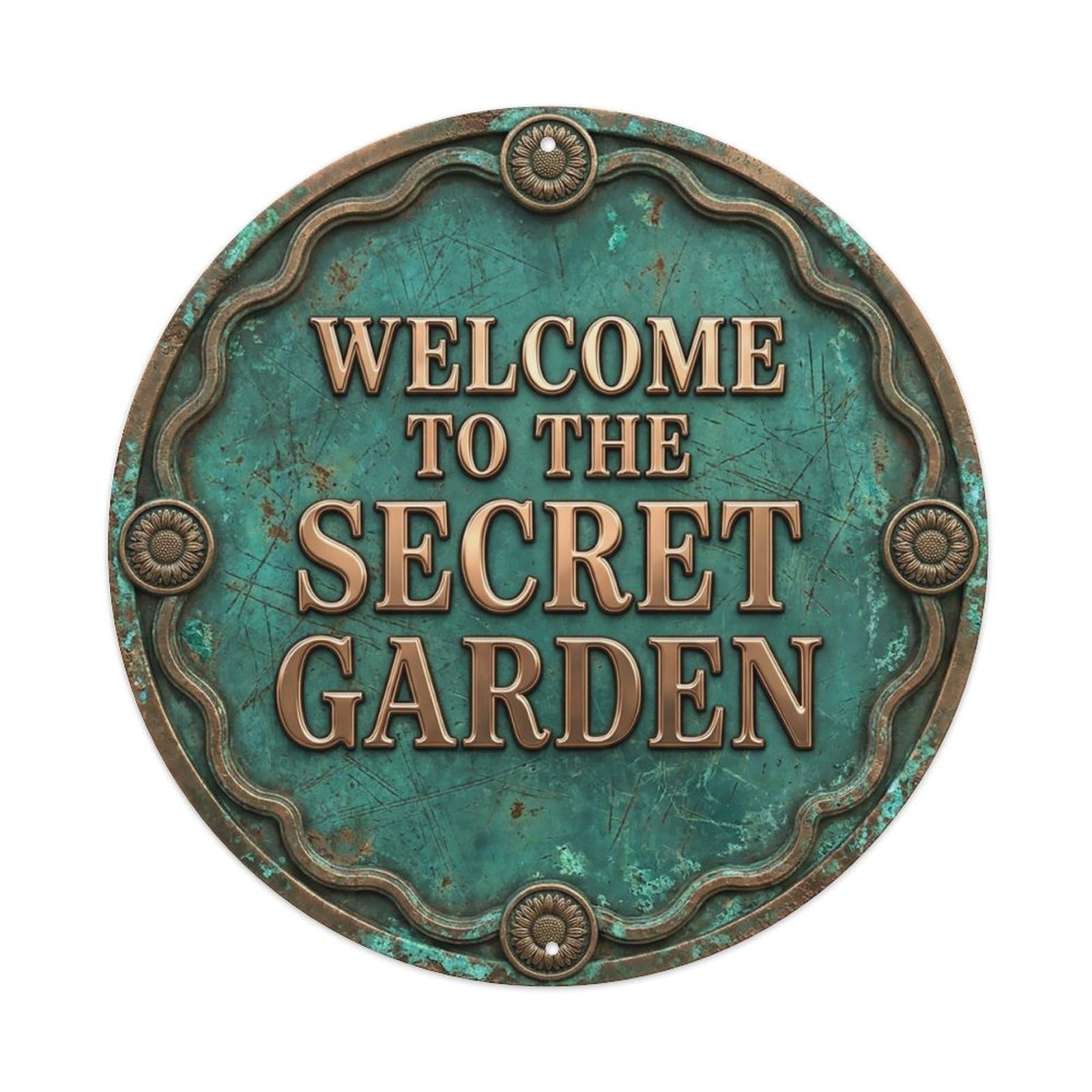 Vintage Welcome Secret Garden Botanical Scratched Metal Tin Sign