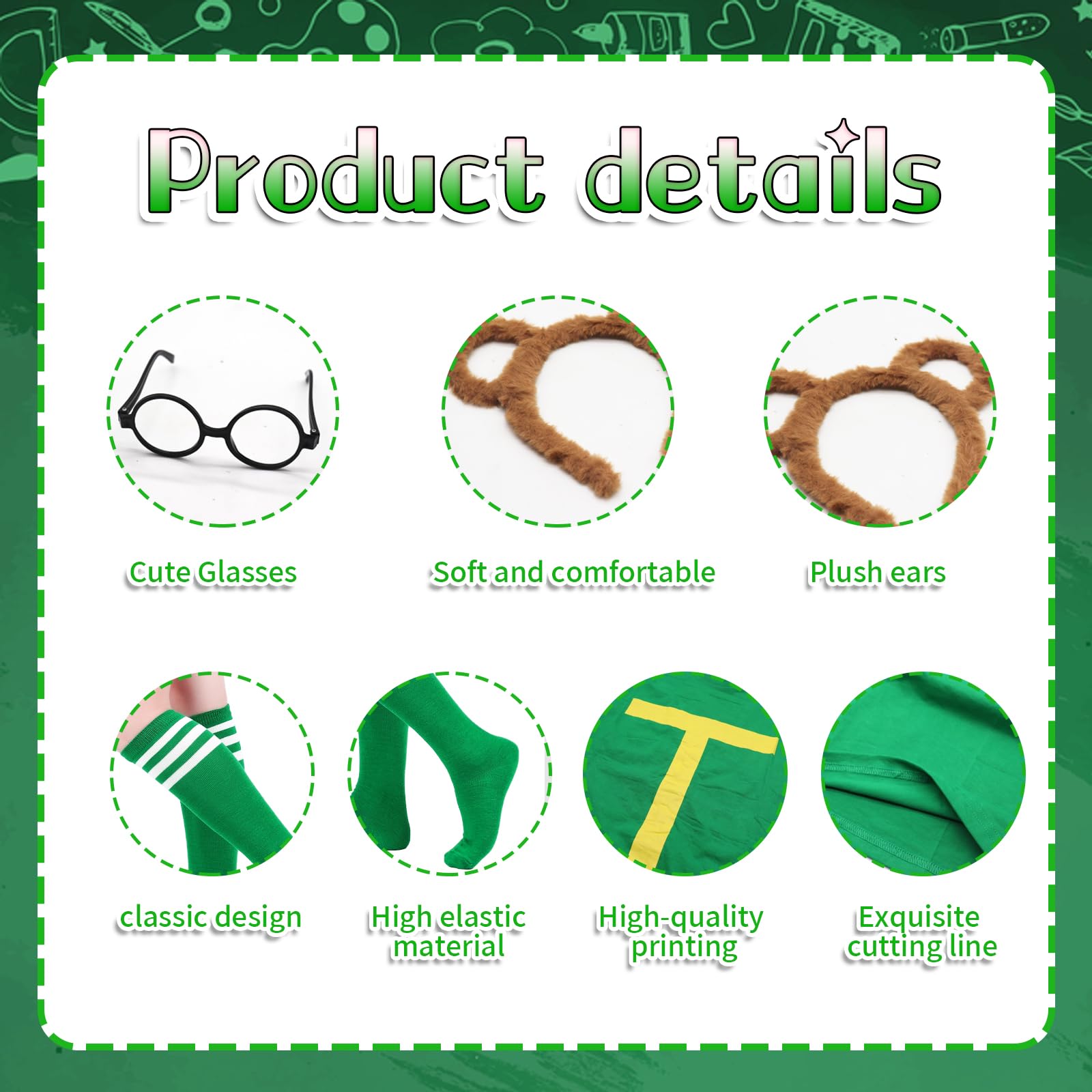 4Pcs Chipmunks Costumes Set including Chipmunk Headband Glasses T-shirt Soccer Socks - Image 4