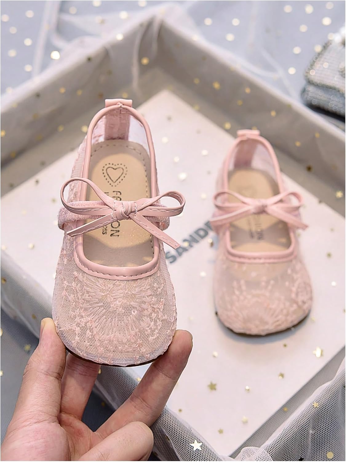 MakeMeChic Girl's Cute Bow Ballet Flats Lace Sheer Round Toe PU Leather Summer Flat Shoes