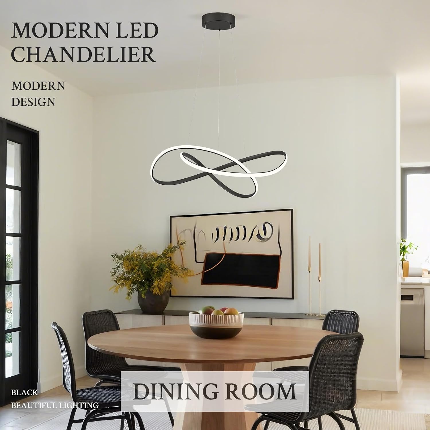 Modern Chandelier Black D20in LED Pendant Light Fixtures for Kitchen Island, Contemporary Ring Chandelier High Ceiling with Remote Control for Dining Room Living Room Entryway, 3000-6500K