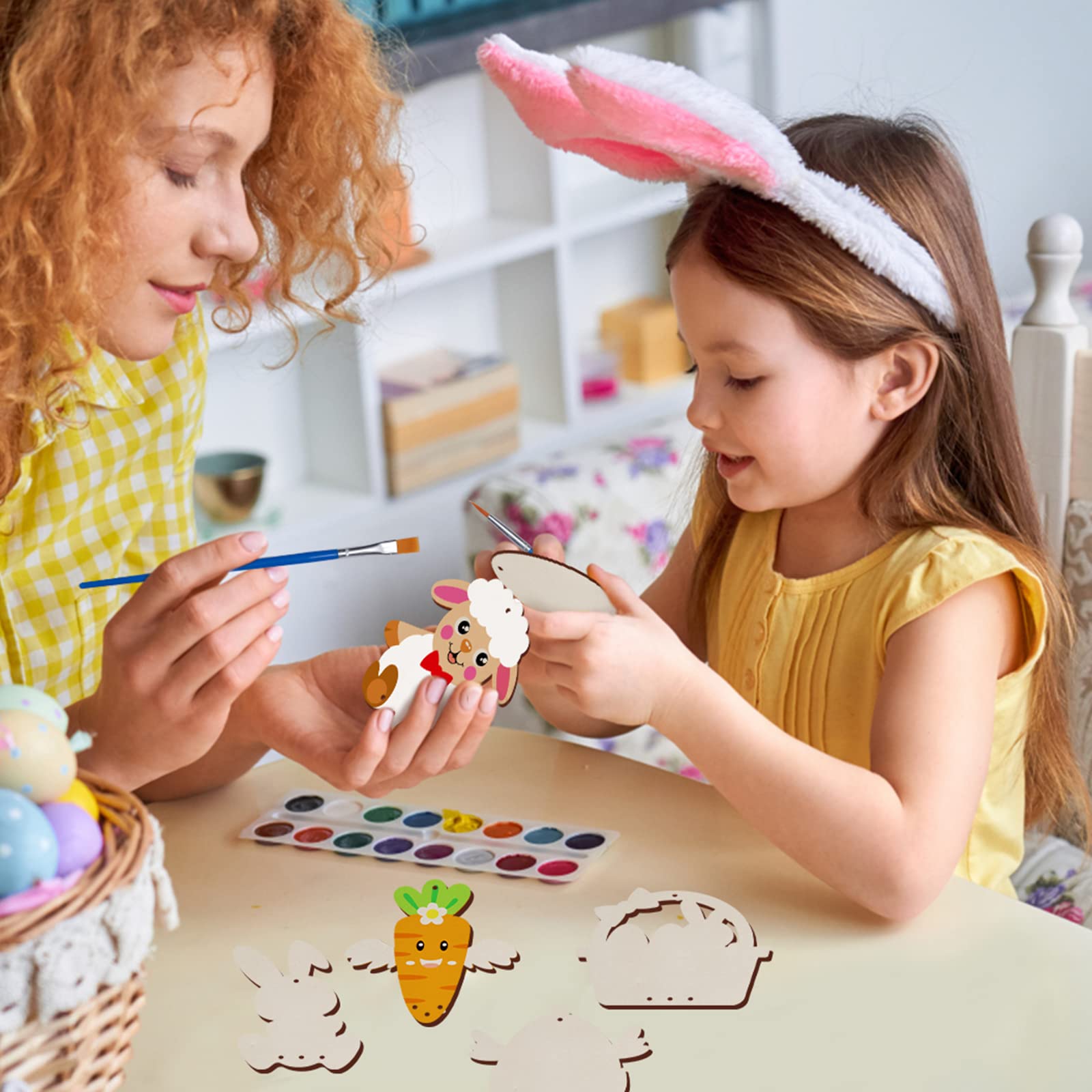 WEDNOK 12 piezas Kit de Pascua para niños, Campanas de viento de Pascua de madera para pintar, Decoraciones de Pascua, para regalos de Pascua