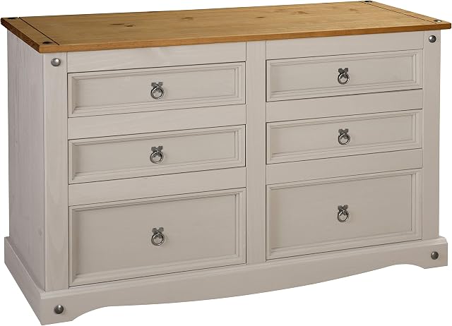 Corona Grey Chest of Drawers 6 Drawer Solid Pine Mexican 3+3 Wooden Sideboard