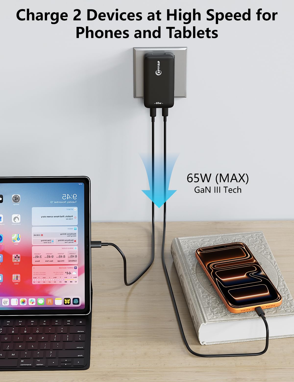 Cargador de pared plano USB C de 2 puertos de 65 W Slim Block USB-C de carga súper rápida para iPhone 16/15, Pro Max/modelos Samsung Galaxy (blanco)