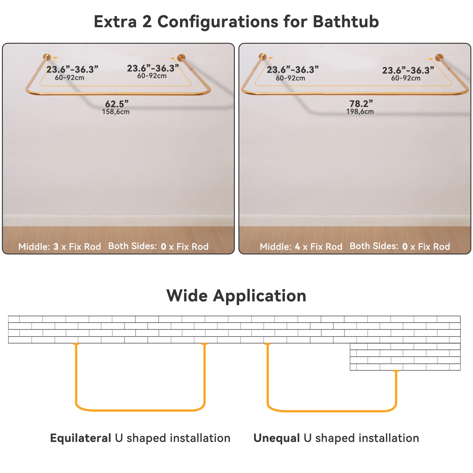 Barre de Douche Angulaire en Forme de U, Ajustable [Côtés: 61-132 cm, Centre: 79-119 cm], pour Baignoire, Douche et Extérieur avec 12 Crochets et Support de Plafond