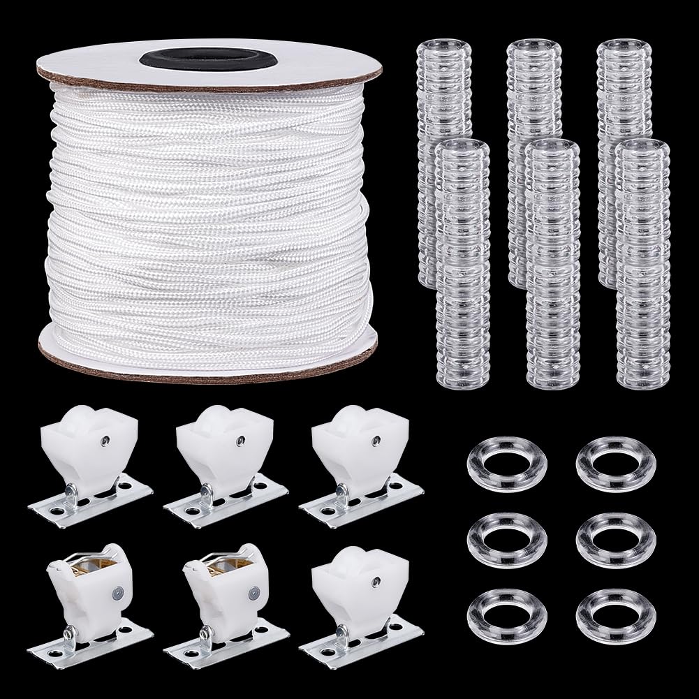 PH PandaHall 100pcs Clear Roman Curtain Rings 50m White Braided Curtain Cord, 2 Set Roman Shade Cord Lock 14mm Plastic O-Rings 2mm Nylon Lift Shade Cord for DIY Blind Curtains