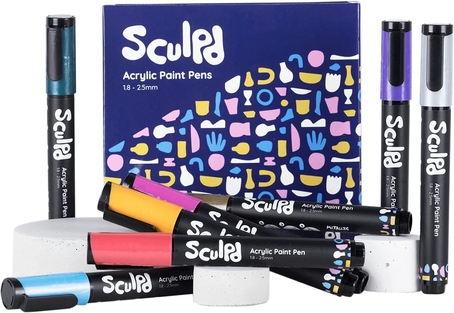 Sculpd Acrylic Paint Pens Set, Metallic, Premium Fine Tips for Painting Pottery, Wood, Cardboard, Paper, Glass & Most Other Surfaces, 8 Vibrant Colors for Arts & Crafts
