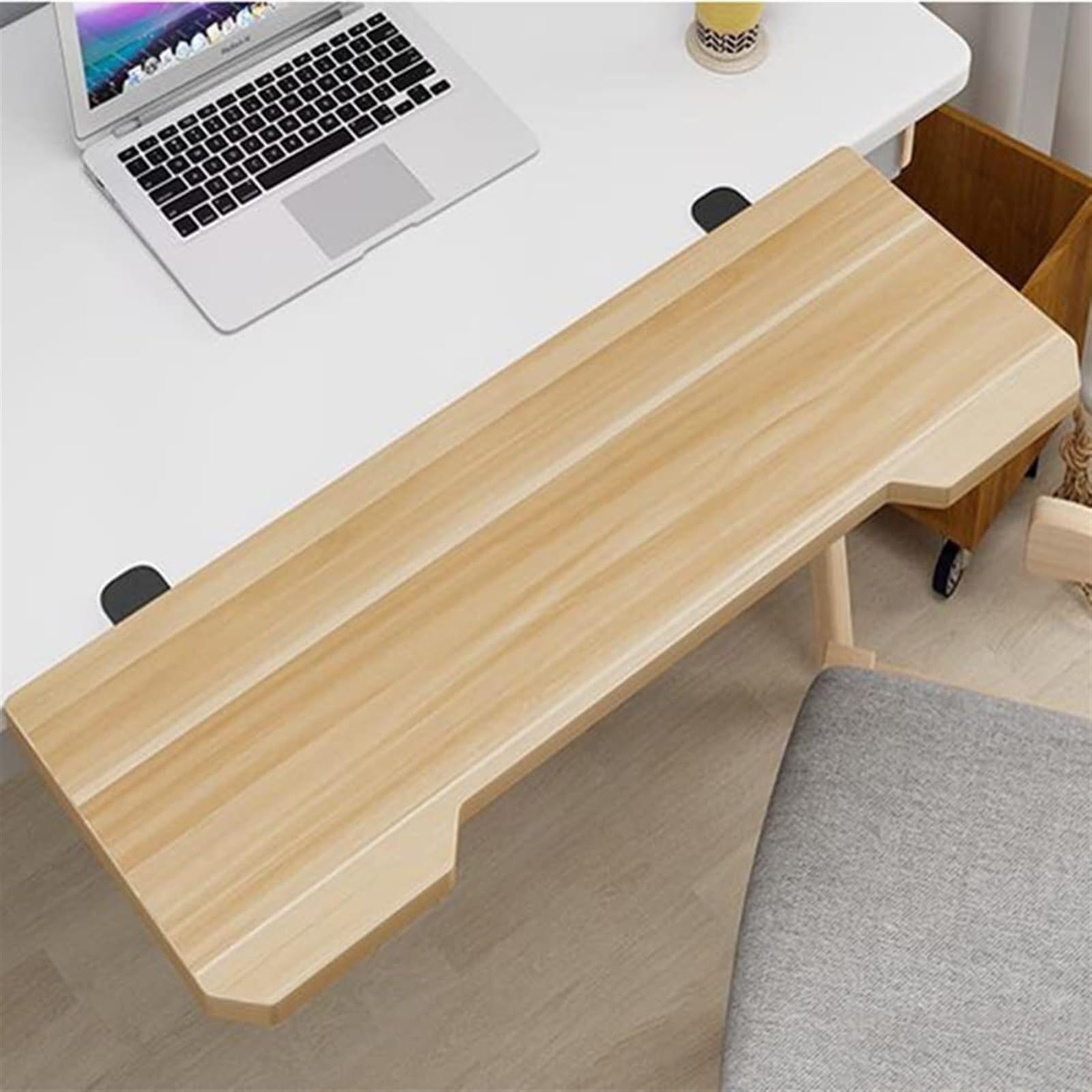 Ergonomiczna składana taca do szuflady na klawiaturę z podłokietnikiem, półką, wykończenie orzechowe, 54,5 cm, stojak na platformę na biurko