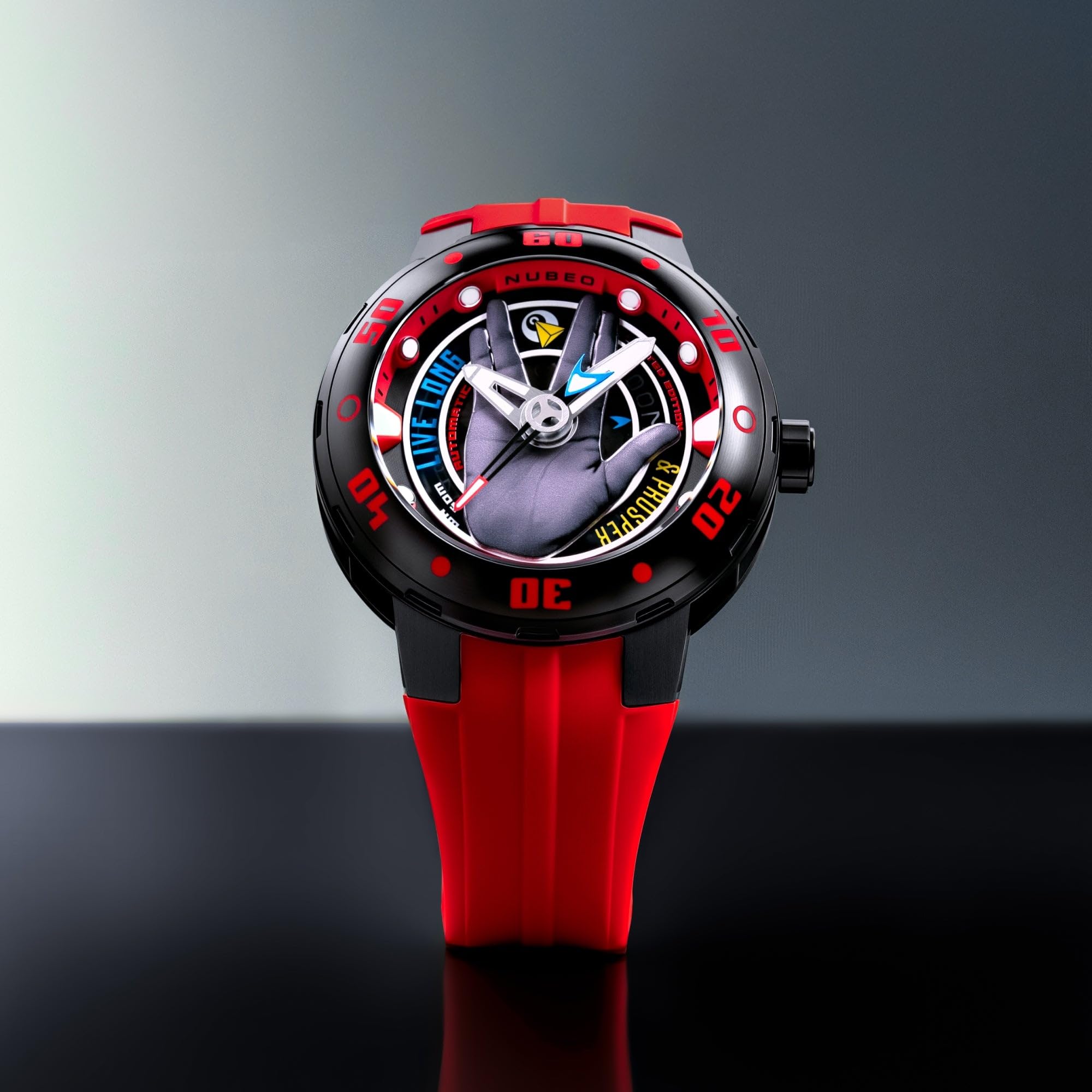 Nubeo Orologio da uomo 50 mm Mariner automatico Star Trek Live Long & Prosper Limited Edition con cinturino in silicone NB-6122, Rosso Vulcaniano, Cinturino