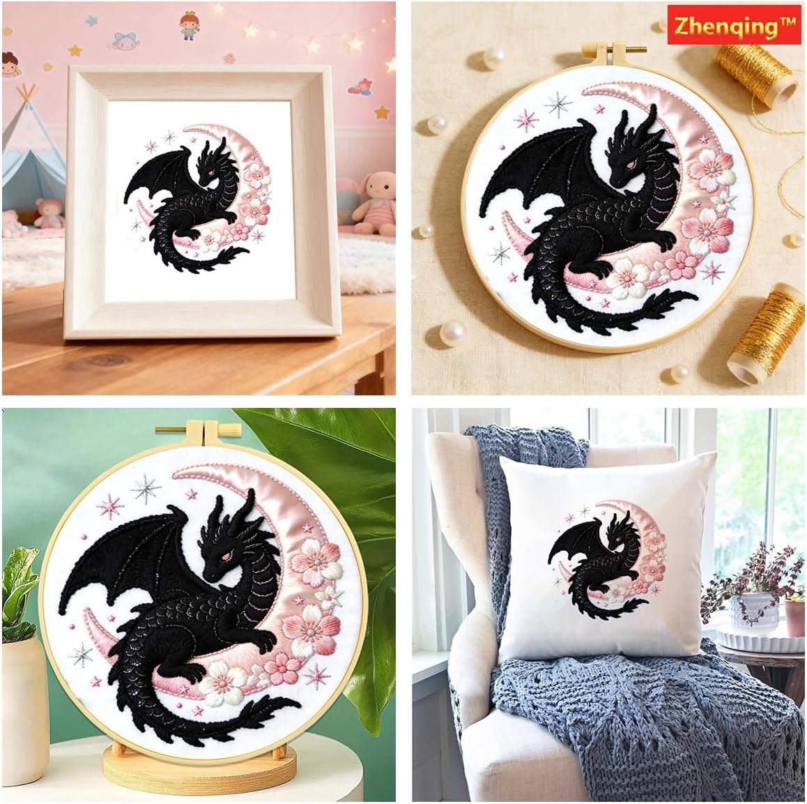 Zhenqing Black Dragon and Pink Moon Embroidery Kit, Fantasy Mystical Craft Set with 20cm Hoop, Printed Design on 29x29cm Cotton Fabric, DIY Gothic Art (JC0067)