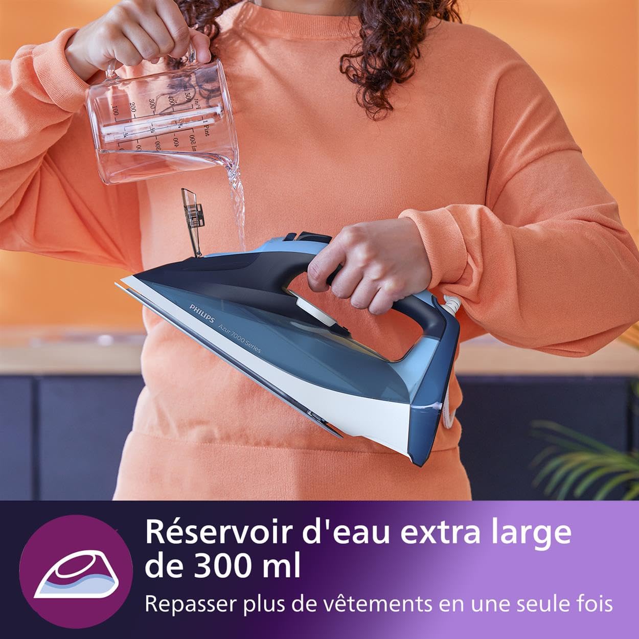 Philips fer à repasser Série 7000 - Puissance Fer à Vapeur 2800W, Effet Pressing 250 g, Débit Vapeur Continue 50 g/min, Semelle SteamGlide Plus, Réservoir 300ml, Bleu (DST7020/80)