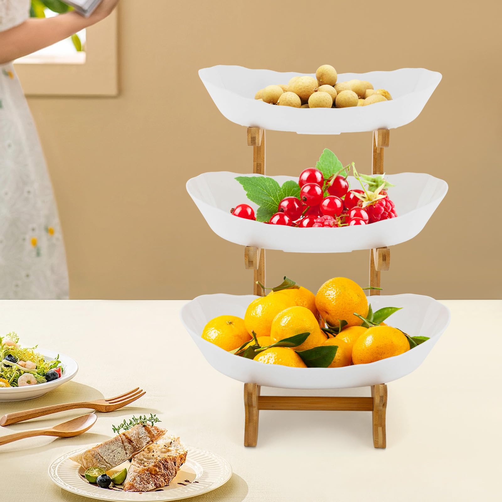 Alzata per frutta a 3 ripiani, in ceramica, universale, a 3 livelli, con supporto, per snack da dessert, frutta, compleanno, festa