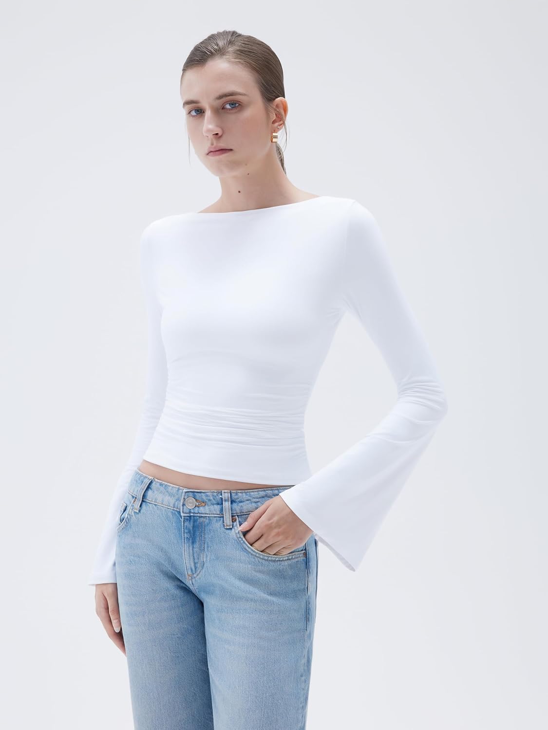 SUUKSESS Women Crew Neck Bell Sleeve Tops Double Lined Going Out Fitted Basic T Shirts - Image 3