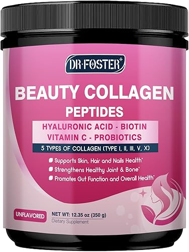 DRFOSTER Polvo de péptidos de colágeno múltiple para mujeres, tipo I, II, III, V, X, polvo de colágeno hidrolizado con complejo de belleza, vitamina