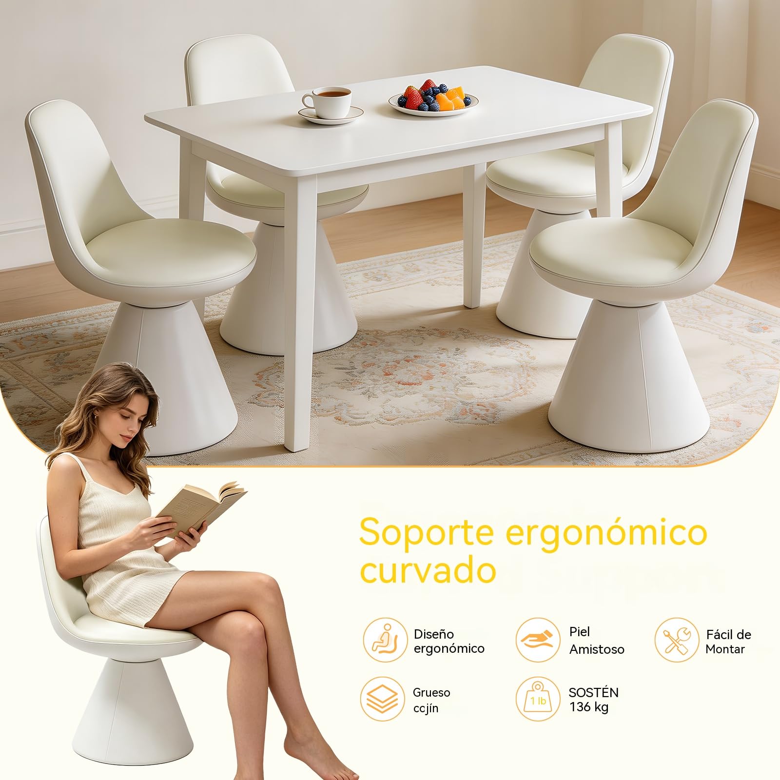 Sillón Giratorio para Tocador, Taburete de Maquillaje con Reposapiés de PU para Tocador, Dormitorio, Salón