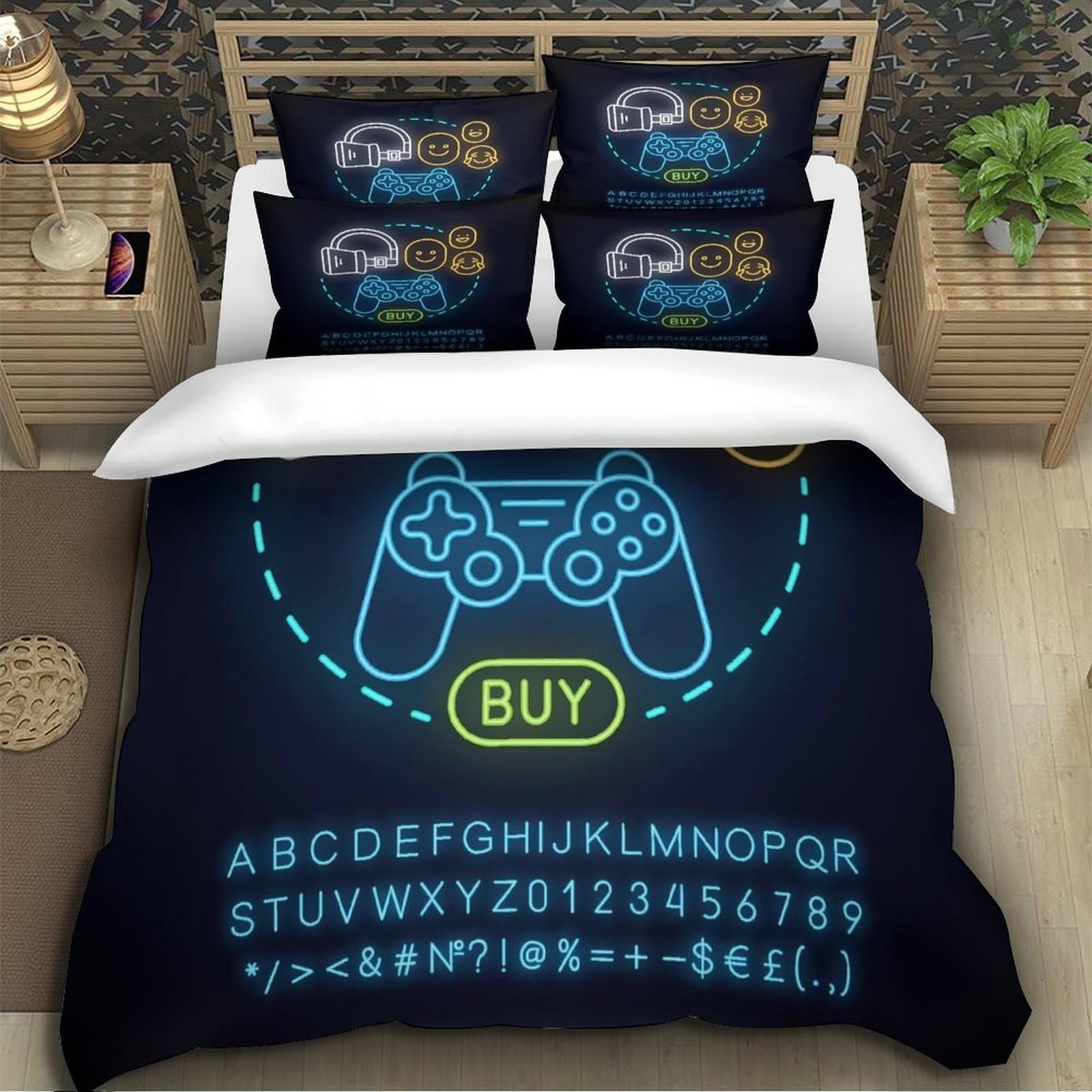 Gaming Accessories Set Di Copripiumino microfibra ultra morbida 3 Pezzi motivo 3D con federa Neon Set Di Copripiumino con federa soffice ultra morbido for adulti Super king（260x220cm）