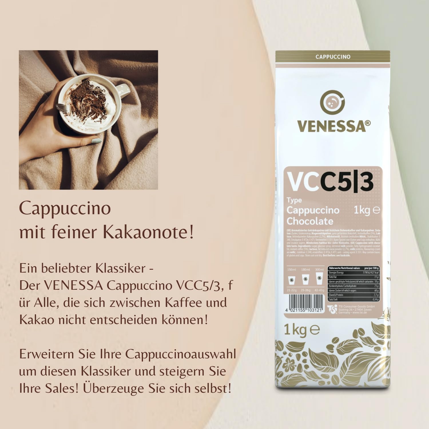 VENESSA Cappuccino Chocolate VC5/3 aromatyzowany napój w proszku z delikatną nutą kakaową, 10 x 1 kg, korzystne opakowanie z rozpuszczalną kawą i kakao w proszku, nadaje się do wszystkich ekspresów do