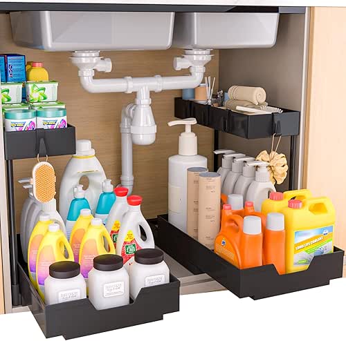 2-Tier Under Sink Organizers 2 Pack Sliding L-shape Cabinet Organizers