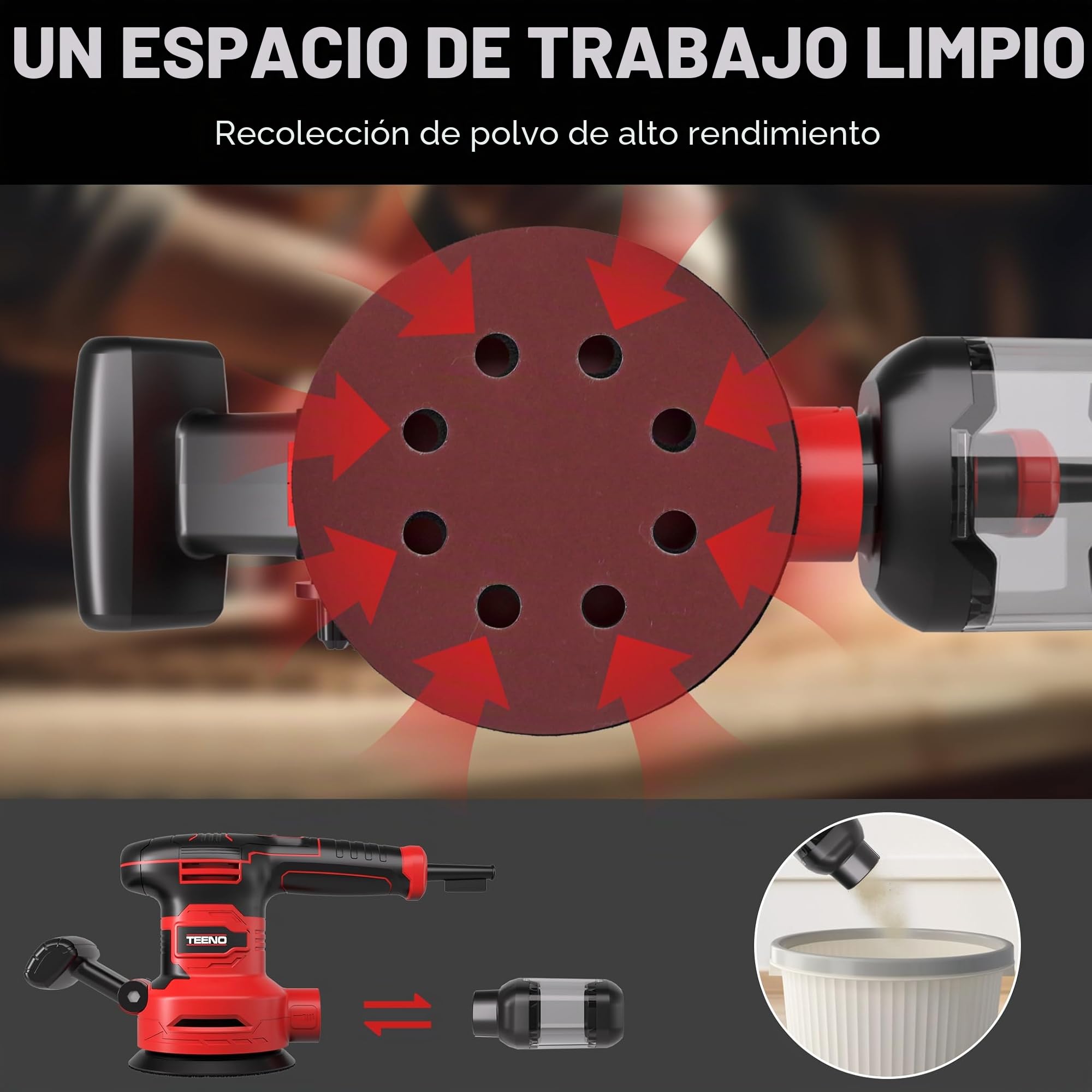 TEENO Lijadora Orbital 450W, 6 Velocidades, 13000 RPM,Ø125/150mm, 20 Discos Abrasivos, Recolección de Polvo, Cable 2m – Con Gafas y Guantes – Para Madera, Metal, Plástico