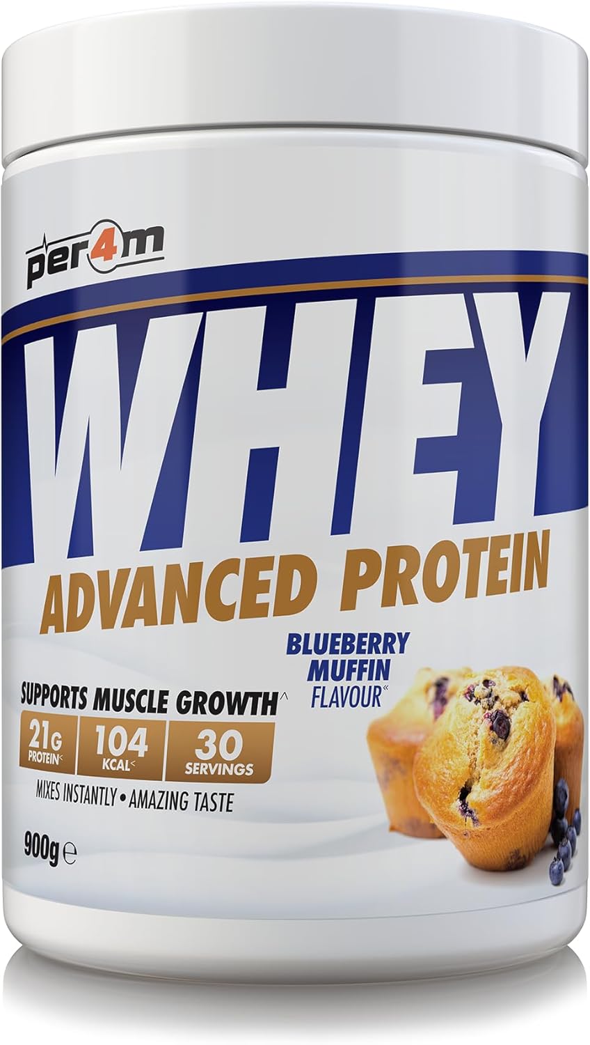 Per4m Whey Protein Powder | High Protein Shake for Muscle Growth & Recovery | Low Sugar Gym Supplement | Sports Nutrition Drink + Amino Acids (900g, Blueberry Muffin)