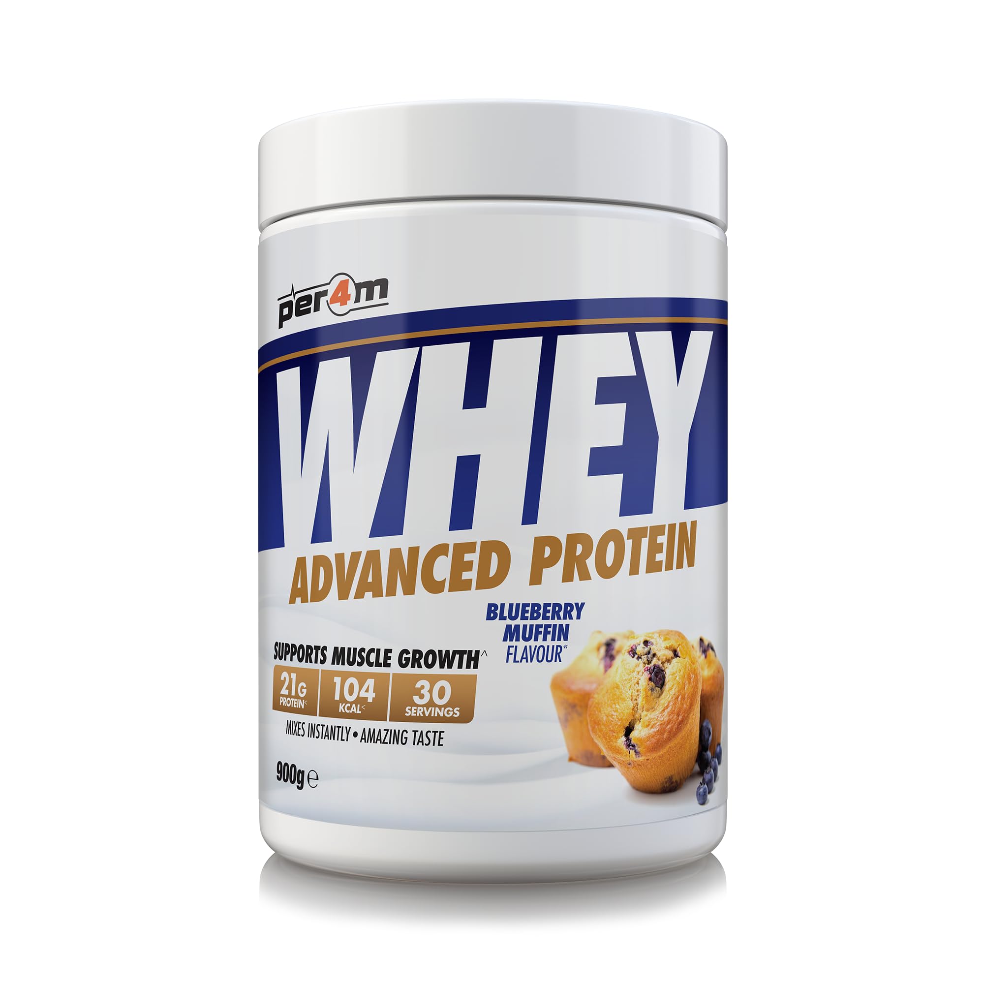 Per4m Whey Protein Powder | High Protein Shake for Muscle Growth & Recovery | Low Sugar Gym Supplement | Sports Nutrition Drink + Amino Acids (900g, Blueberry Muffin)