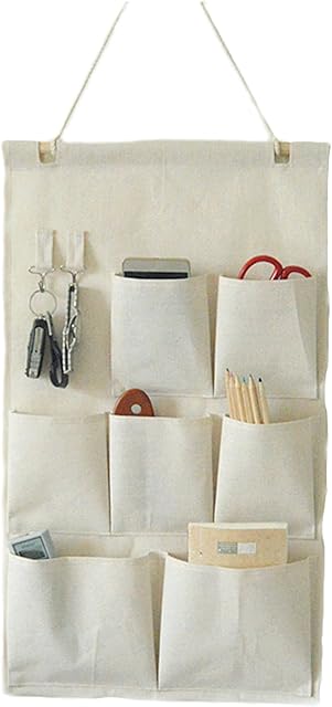 CaLeQi Linen/Cotton Fabric Wall Door Closet Hanging Storage Bag Case (Beige 7 Pockets, 35x54cm)