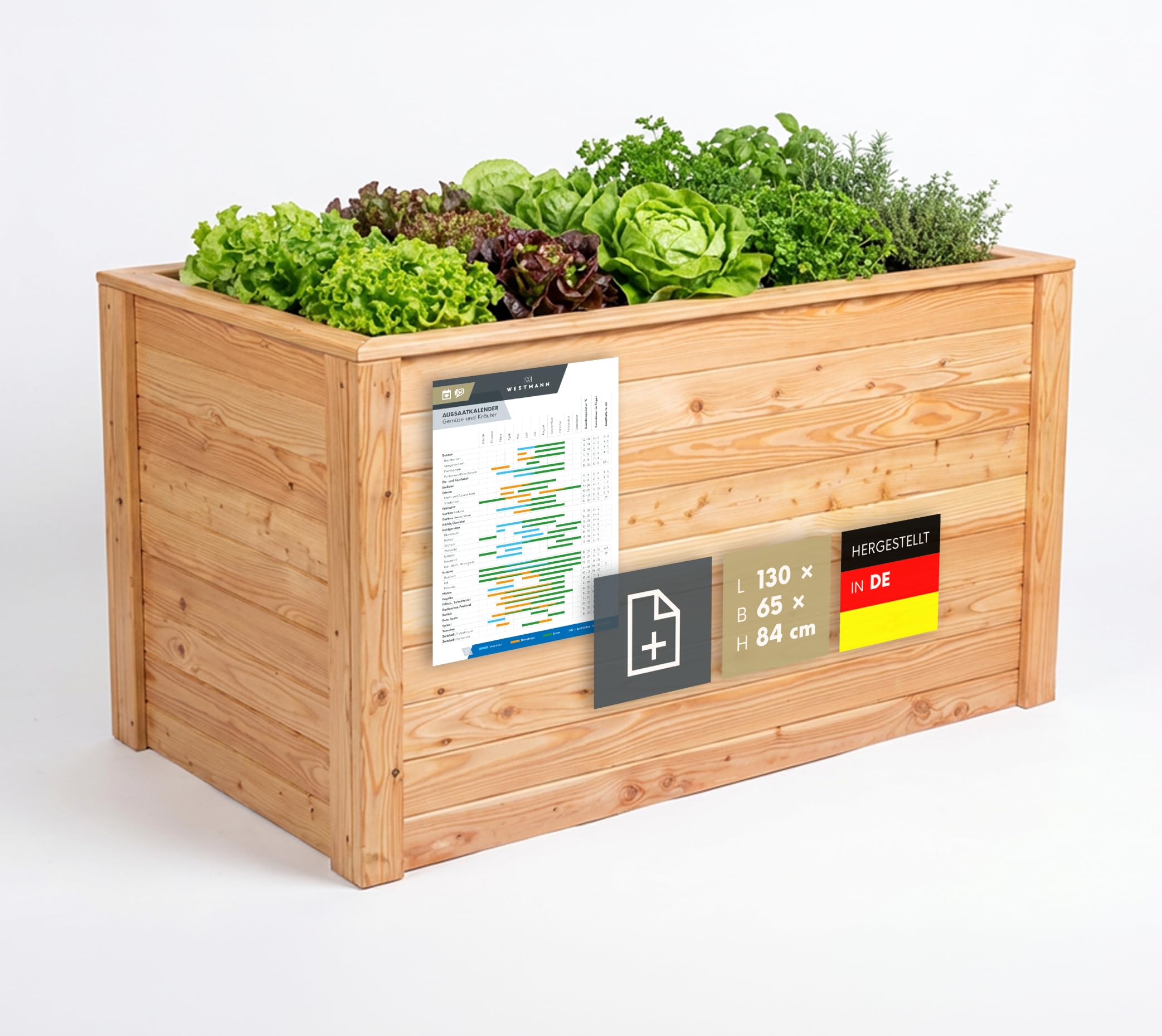 WESTMANN Hochbeet aus Lärchenholz | 130x65x84 cm Natur | Kräuterbeet für den Außenbereich | Holzhochbeet zum Bepflanzen von Gemüse & Kräutern