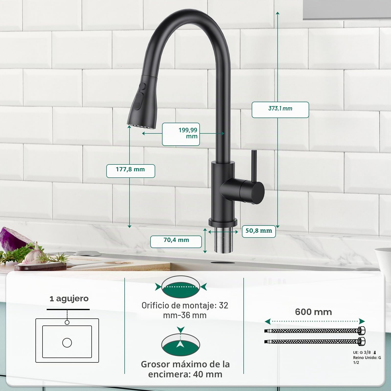 CREA Grifo Cocina Extraíble, Grifo de Cocina Monomando con 3 Modos de Ducha, Grifo para Fregadero con Ducha, Grifo Fregadero Cocina Giratorio a 360°, Negro Mate