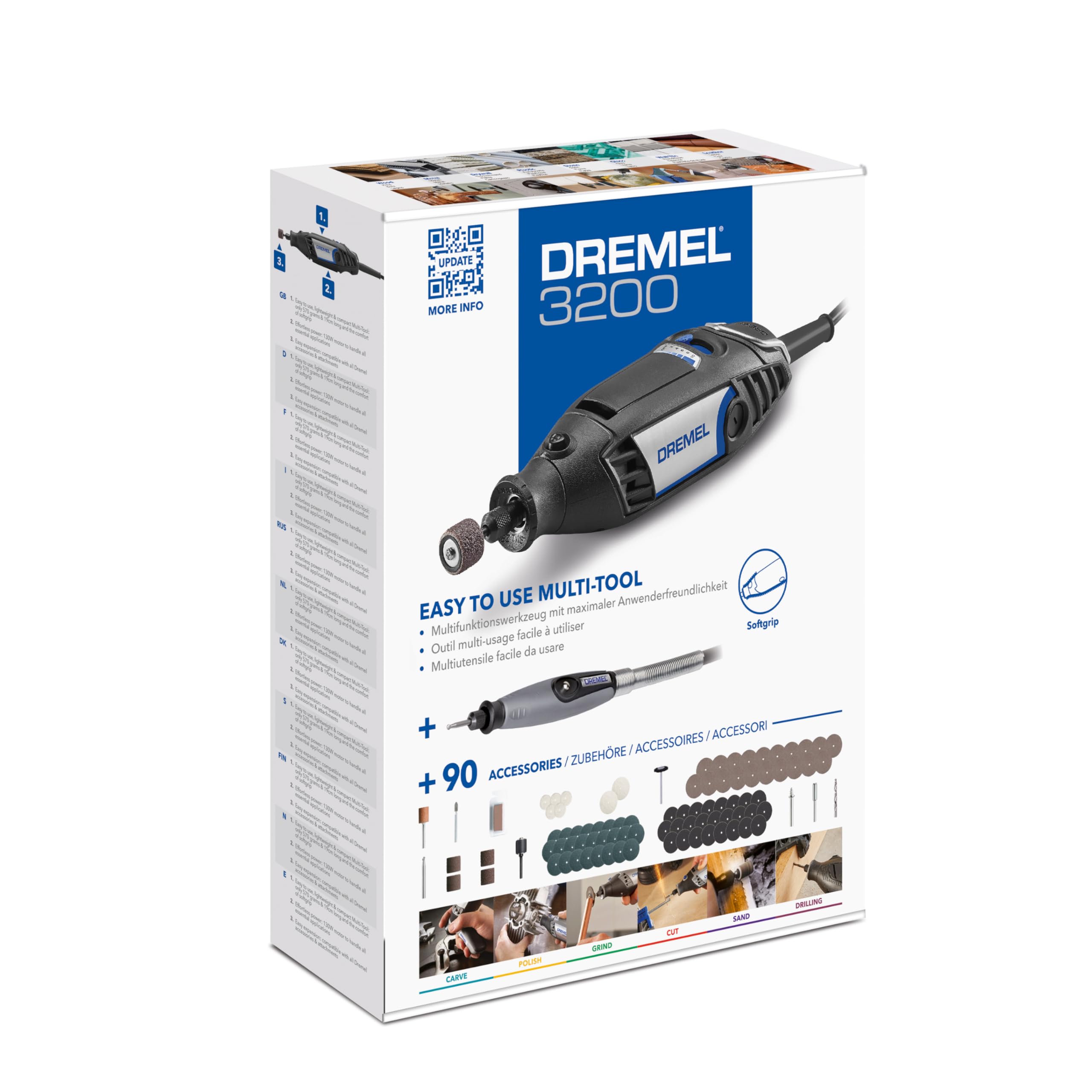 Dremel 3200 Herramienta Rotativa 130W, Multiherramienta con 1 Eje Flexible, 90 accesorios, Velocidad Variable 10.000-35.000 RPM para Cortar, Grabar, Tallar, Lijar, Limpiar, Pulir, Perforar, Afilar
