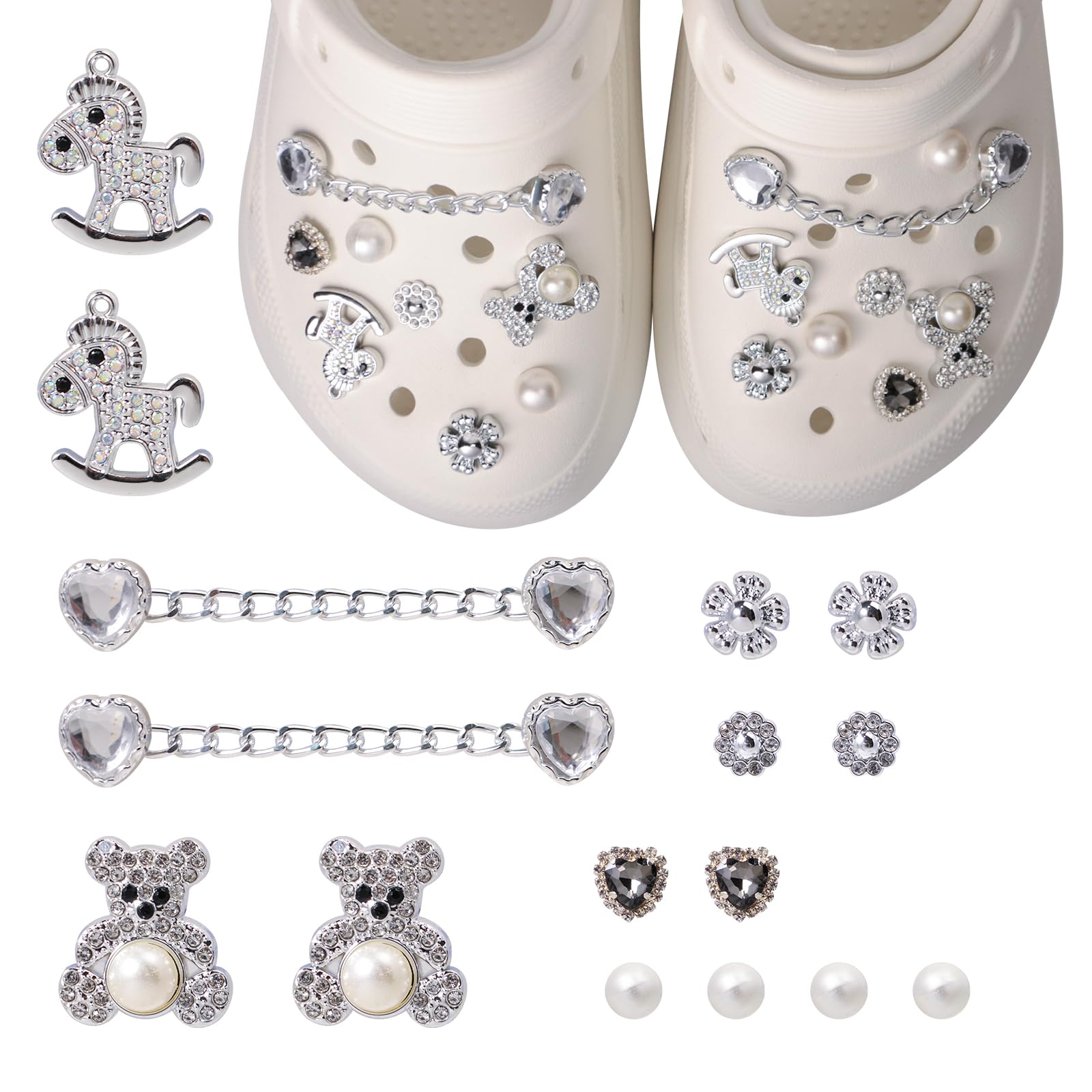 KATLINNA Schuh Charms, 16 Stück Schuhanstecker Anstecker PVC | Glitzer Schuhaccessoires Perle Dekorative Pins Abnehmbare Shoe Charm für Mädchen Frauen Erwachsene, Zwei (Silber)