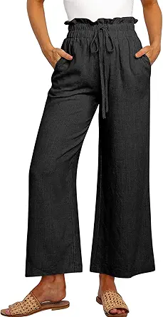ANRABESS Women's Linen Pants Casual Loose High Waist Drawstring Wide Leg Capri Palazzo Pants Trousers with Pockets