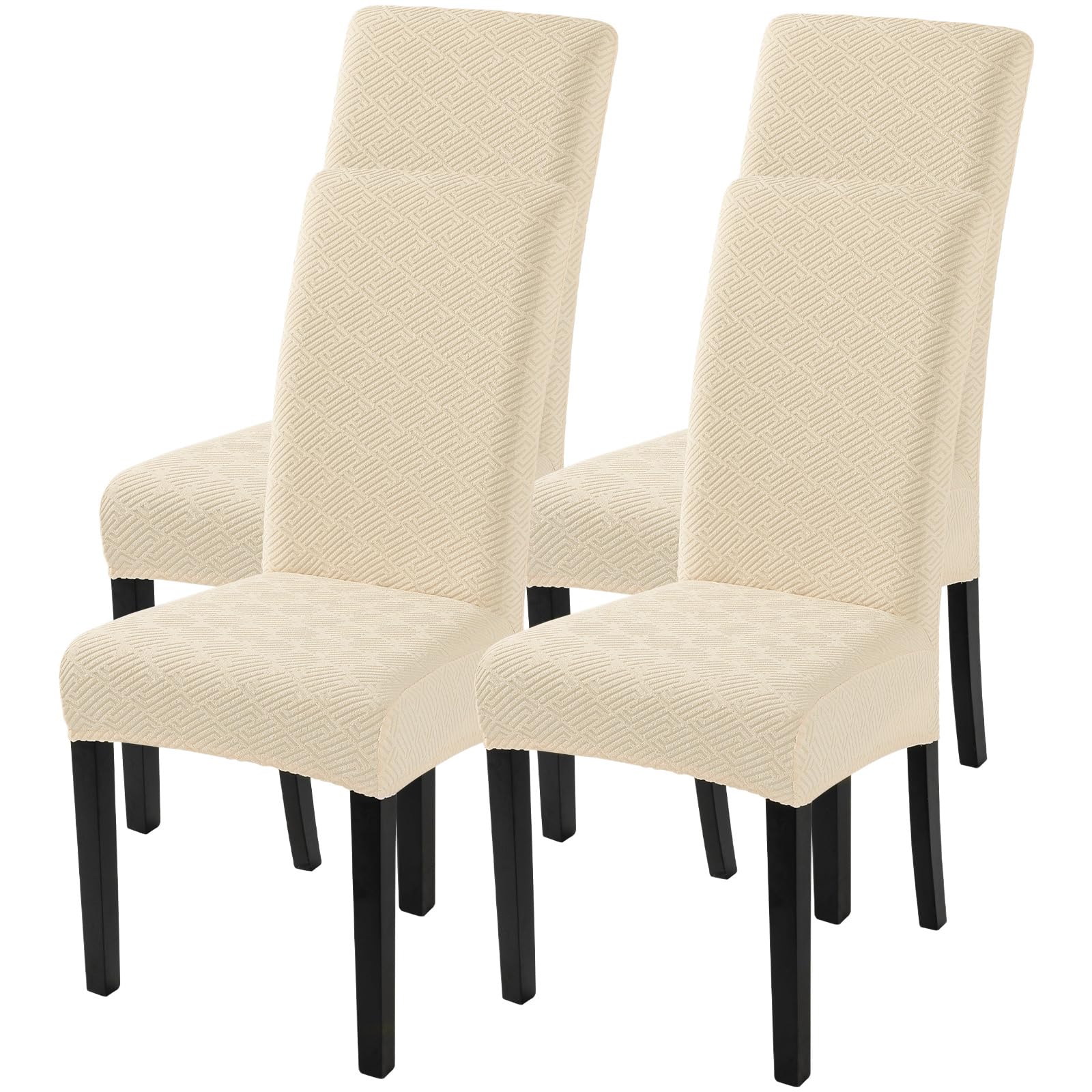 SearchI Jacquard Dining Room Chair Covers Set of 4, Stretch Kitchen Chair Covers Washable Parsons Chair Slipcover Removable Dining Chair Protectors for Hotel,Ceremony(Beige Maze Jacquard)
