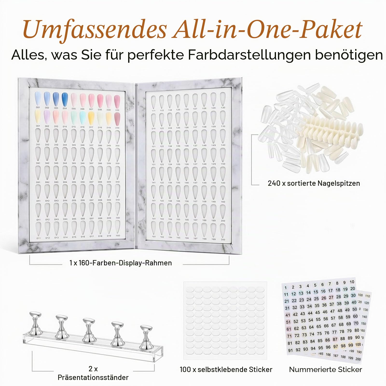 Nail Art Zubehör, Nagel Display Buch mit 240 Leeren Tips, Tragbarer Falt-Organizer für Salon-Profis Nageldesign, Nummeriert für einfache Farbwahl