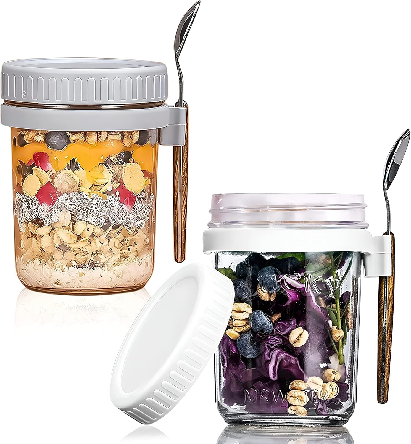 WHISKET 300 ml Overnight Oats Container with Lid and Spoon, Recipe,Glass Overnight Oats Jars, Wide Mouth Airtight Mason Jars, Milk Vegetable and Fruit Salad Storage (White and Grey) (B0CCS4NQJQ) Amazon Price History, Amazon Price Tracker