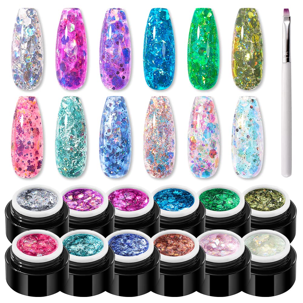 Glitter Gel Nail Polish Set with Painting Pen, 12 Colours, Shiny Sparkling Nail Polish Kit, UV Gel Polish Kit for Home, DIY Manicure, Nail Studio, 5 ml per Bottle