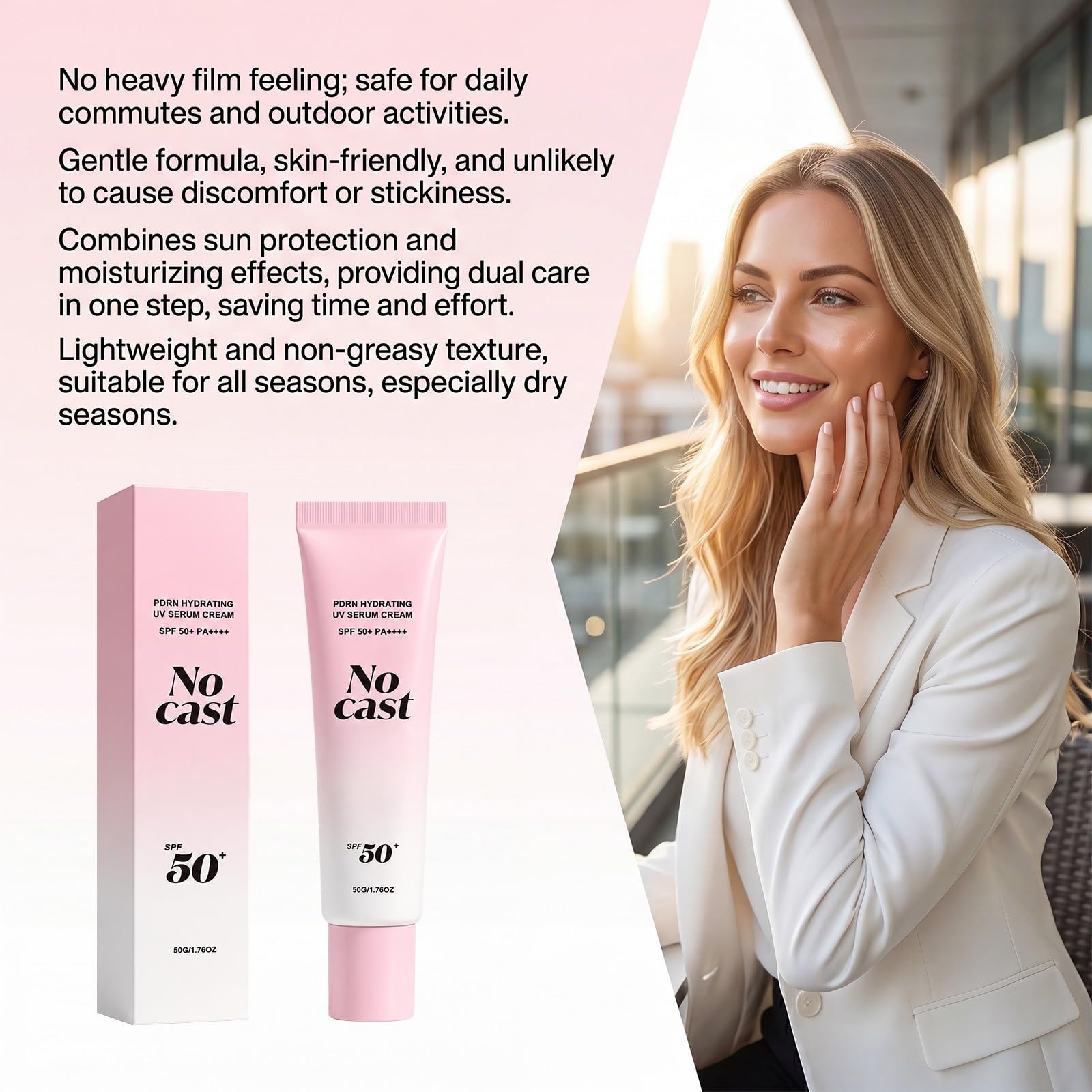 Crème Solaire Hydratante PDRN No Cast SPF50+ PA++++, Fluide Solaire Visage Non Grasant sans Effet Blanc, Protection UVA/UVB Longue Durée, Crème Solaire Légère Hydratante pour Peaux Sensibles, 50g