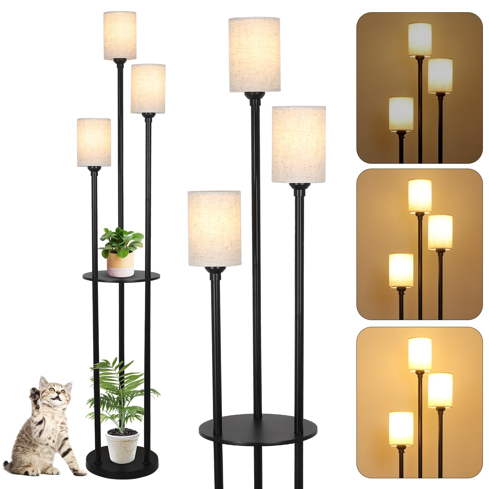 Dimmable Floor Lamp with Shelves, Modern Floor Lamps for Living Room, 3-Lights Floor Lamp with 3-Way Foot Switch, Shelf Floor Lamp with Fabric Shades, Standing Floor Lamp for Bedroom, Office