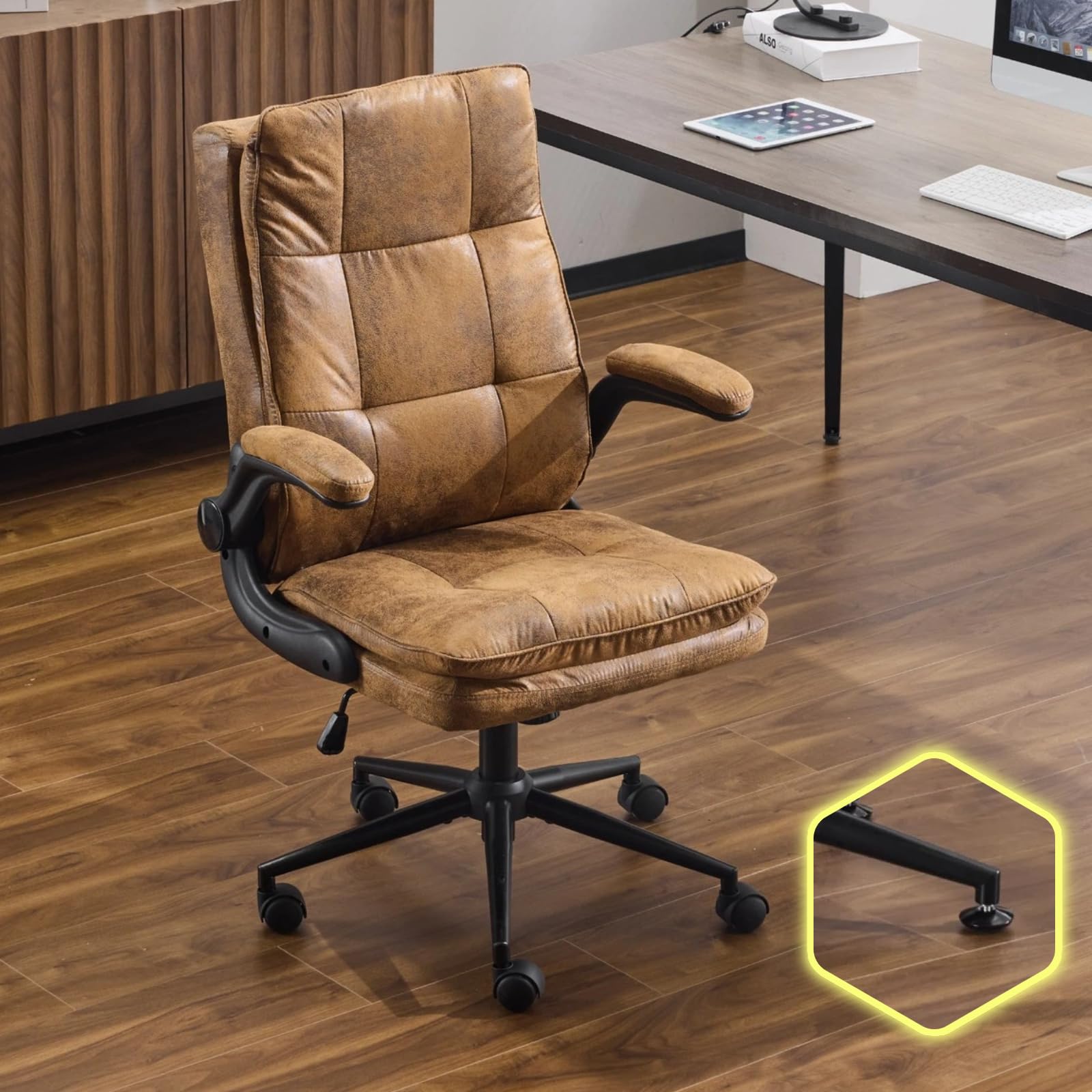 Bonnlo Comfy Leather Office Desk Chair,Ergonomic High-Back Executive Computer Gaming Chair with Replaceable Wheels, Adjustable Height & Flip-up Armrests,360 Swivel Task Chair for Home Office, Brown