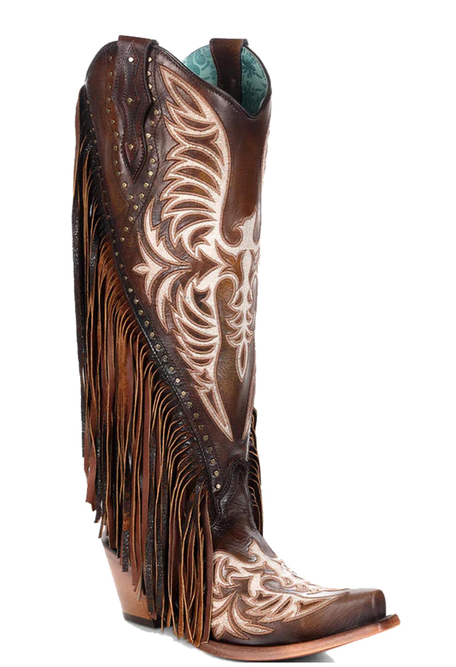 Womens Western Cowboy Boots with Fringe and Embroidered Design Pointed Toe Cowgirl Boots Mid Heel Pull On Long