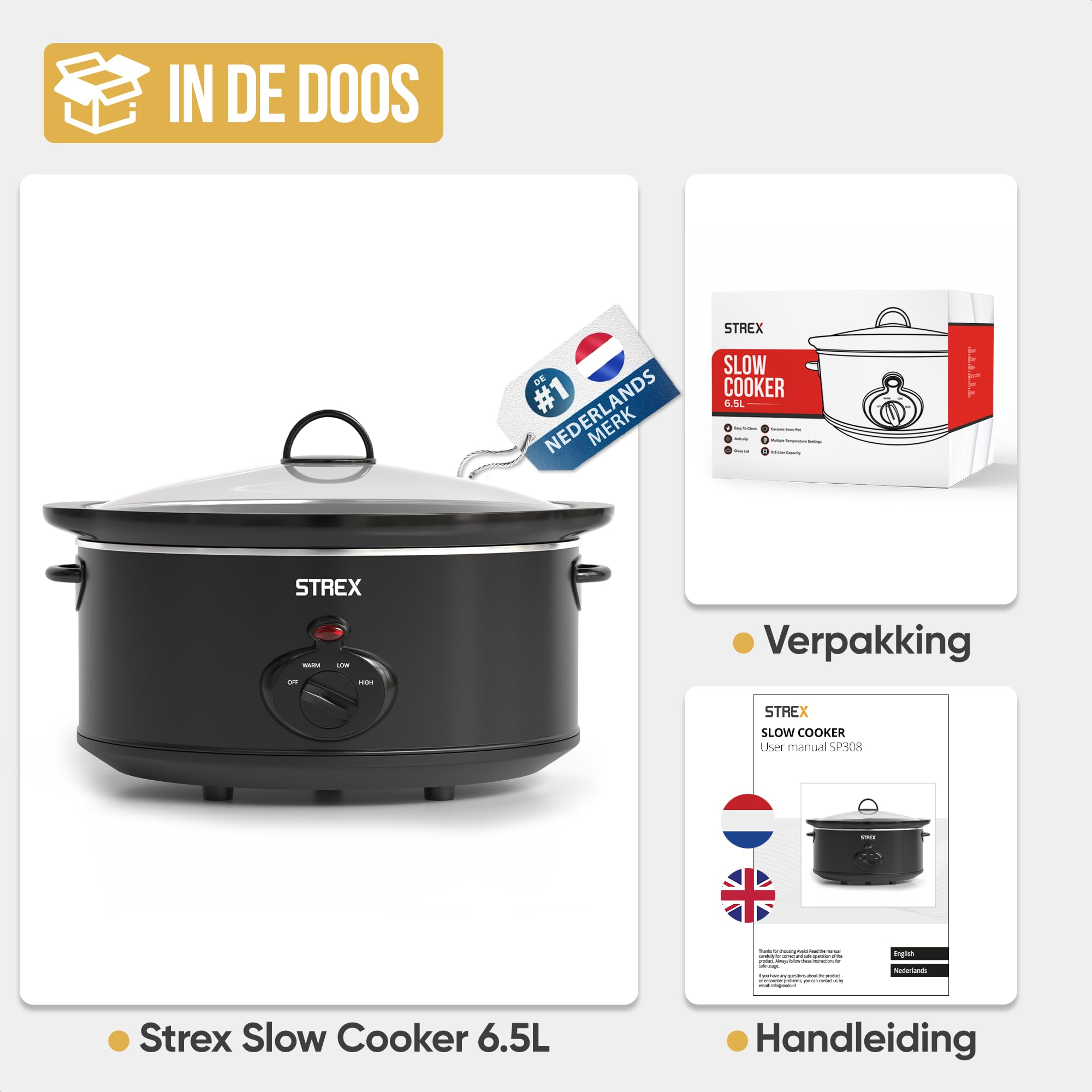Strex Olla de cocción lenta 6.5L - Sartén interior de cerámica extraíble - Función mantener caliente - olla de cocción lenta - Negro