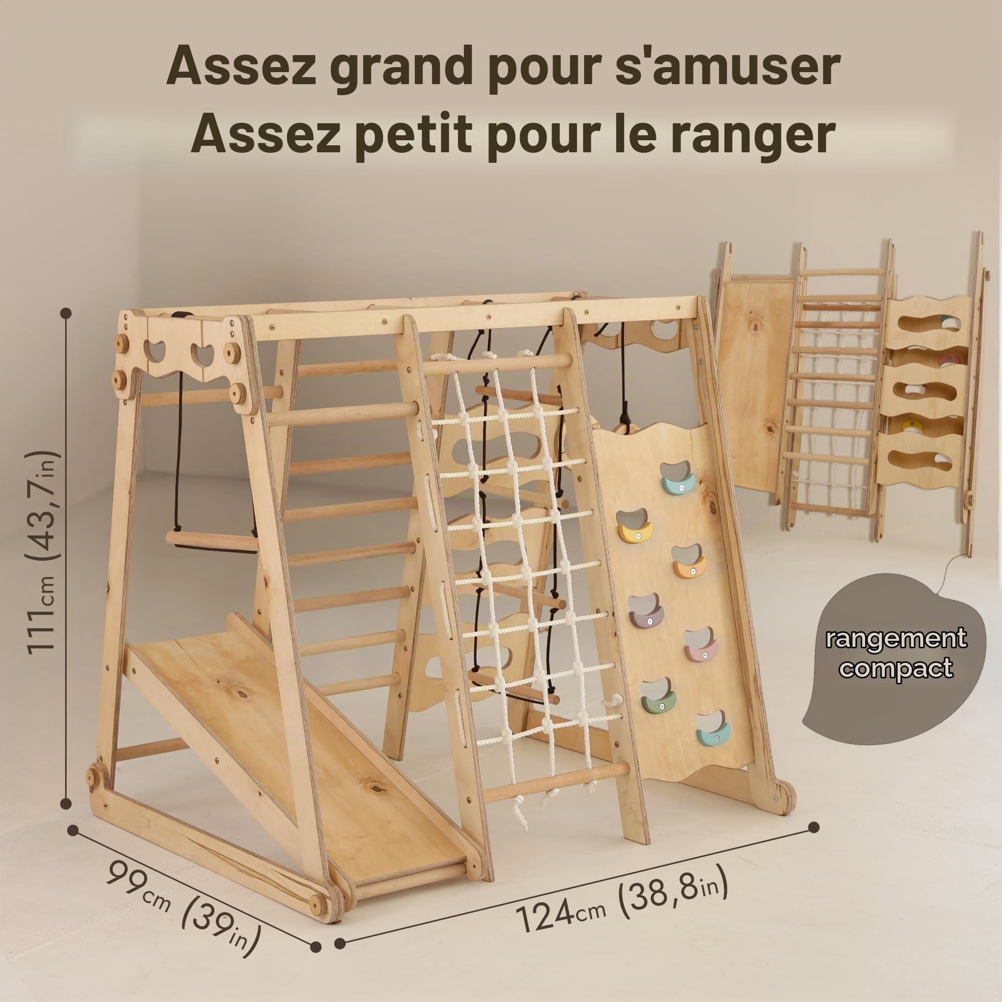 Jungle gym d’intérieur en bois 9-en-1 pour enfants, avec espalier suédois, barres de singe, barre de traction, anneaux, balançoire, échelle de corde, planche d’escalade, toboggan et plateforme
