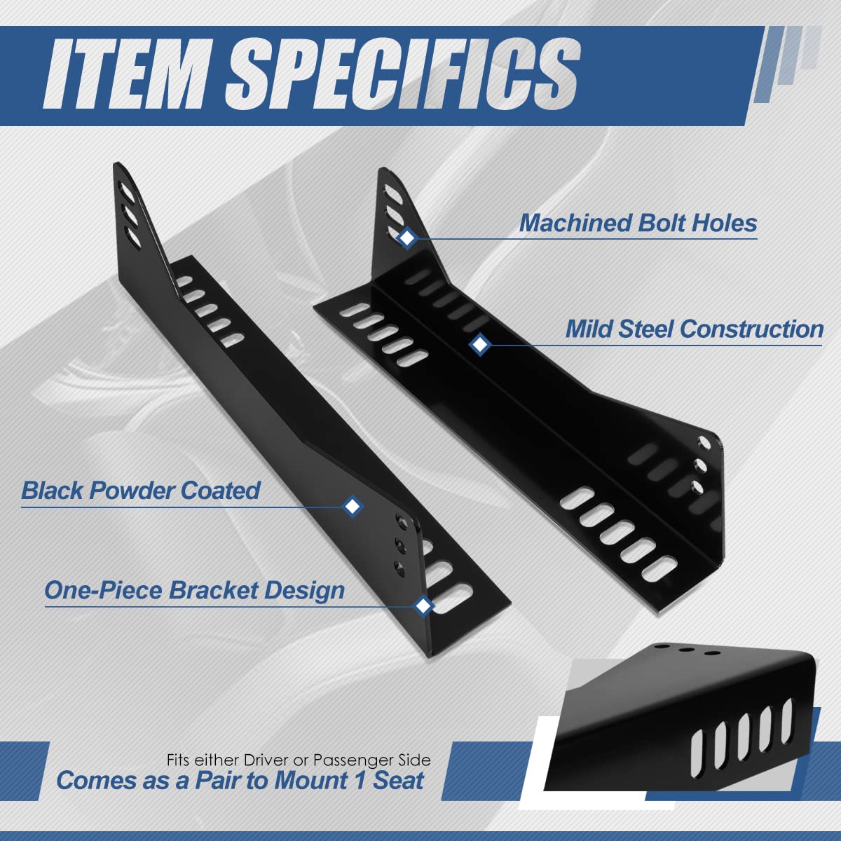 Auto Dynasty Pair of Universal Aftermarket Bucket Racing Seat Side Mount Brackets Adapter, Driver or Passenger Side, Black Powdercoated