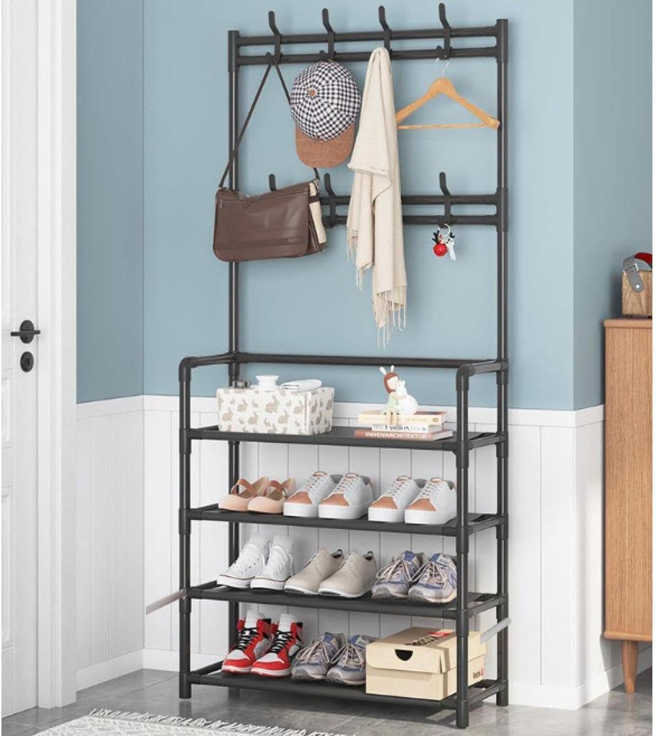 FGXHHS Multifunctional Metal Coat Rack - Wall Hanging Shoe and Clothes Storage, 60cm Floor Hanger, Stylish Hallway for Hats, Coats, Shoes Space-Saving Design
