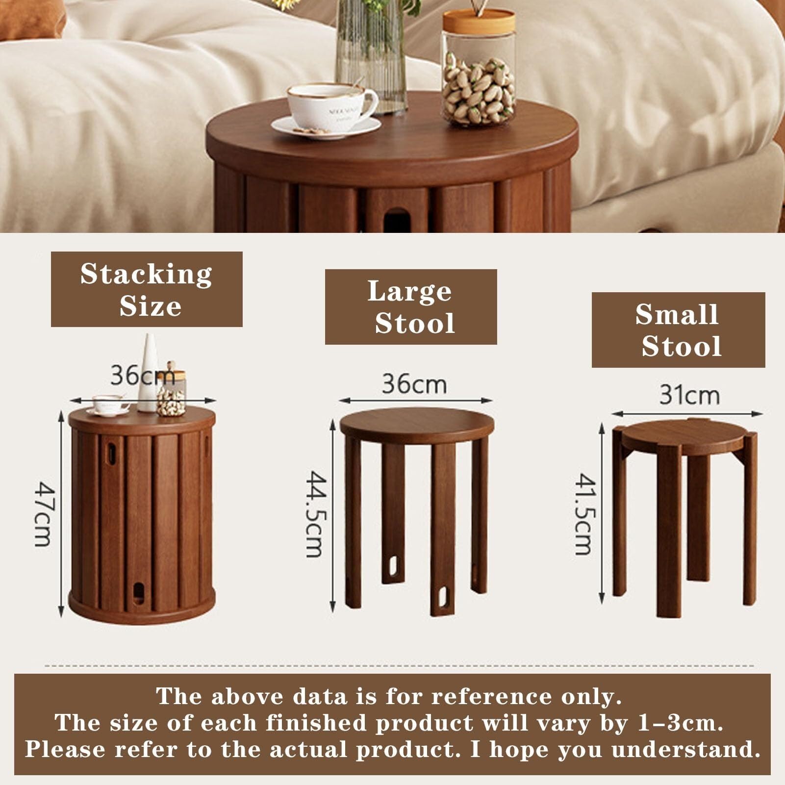 Juego de 4 taburetes apilables de madera, diseño apilable, taburetes de madera pequeños para ocio, combinación apilable, taburete apilable multifuncional para sala de estar, entrada, comedor (nogal)