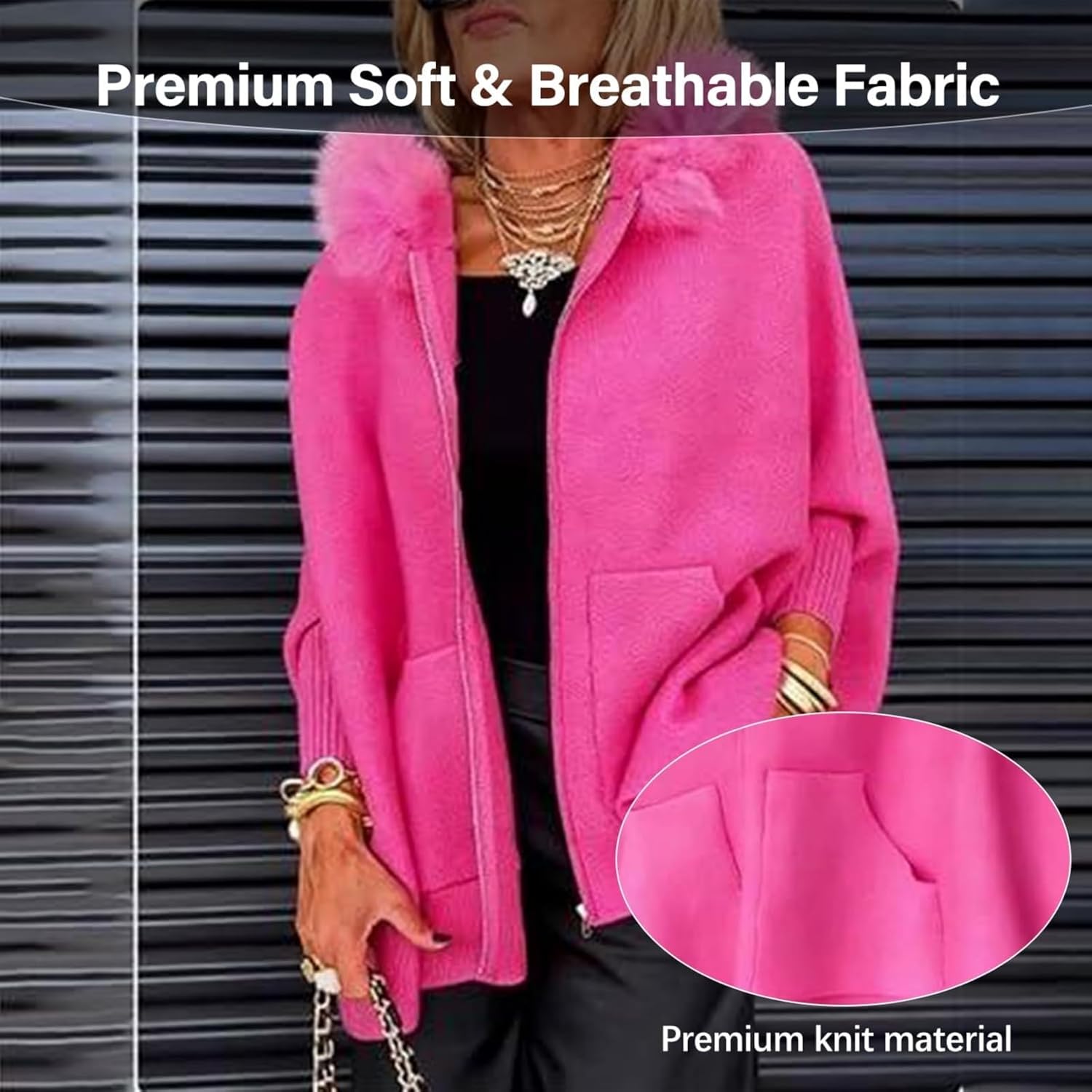 Women Fur Collar Solid Color Casual Jacket, Fall Batwing Sleeve Full Zip Up Hooded Faux Fur Lapel