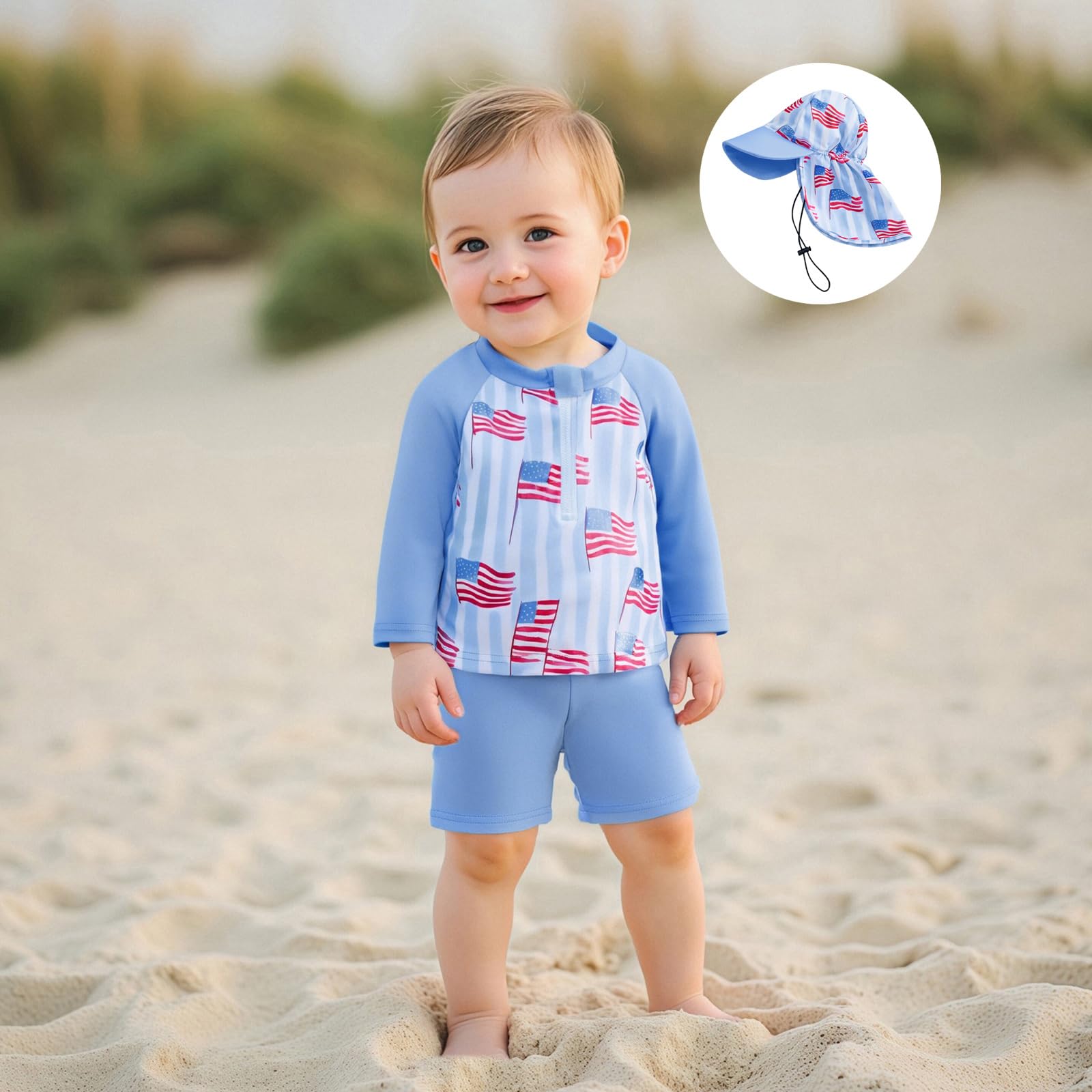 Toddler Little Boys 4th of July Swimsuit American Flag Long Sleeve Zipper Up Top ad Trunks Rash Guard Set (Blue, 12-18 Months)