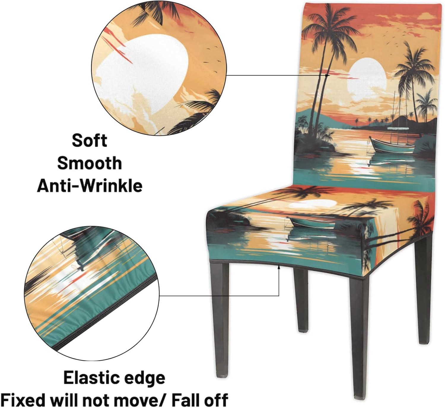QsirBC Sunset Coast Coconut Boat Stretch Dining Room Chair Covers Set of 4 Chair Slipcovers Removable Washable Kitchen Seat Covers Chair Protectors for Hotel Party Wedding