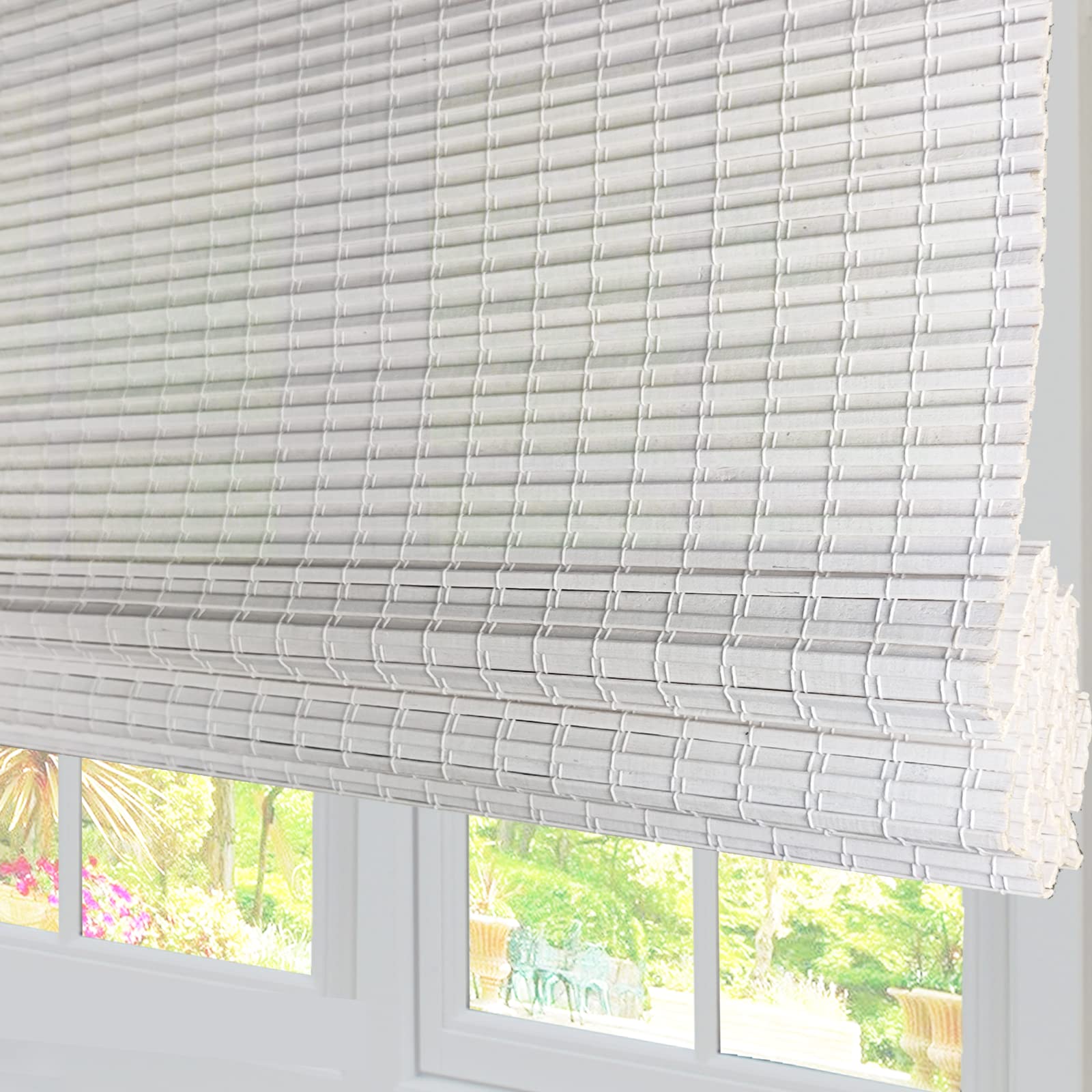 Blackout Cordless Bamboo Roman Shades, Light Filtering Wood Blinds with 6" High Valance, Indoor Roman Window Shades with Room Darkening Liner for French Doors, Windows, Color 30