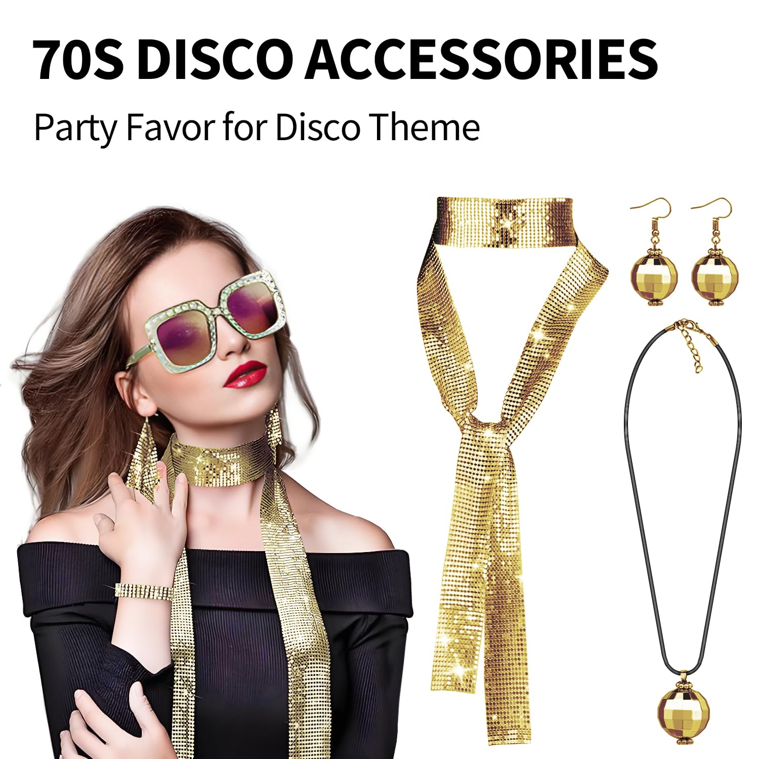 Spove 70s Disco Accessories Set for Women 7 Pcs Golden Sequin 1970s Disco Fancy Dress Costume Set, 70s Retro Party Accessories Costume - Image 2