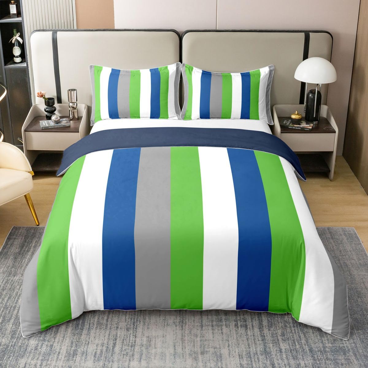 Homewish Navy Blue Green Grey Stripe Cotton King Size Duvet Cover Sets โ image 1
