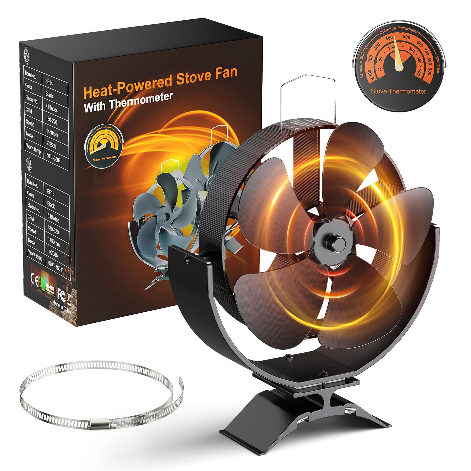 3 IN 1 Ventilatore per stufa a legna 5 lame Ventilatore 180° rotazione magnetico per bruciatori di legna Ventilatores per caminetto alimentato dal calore